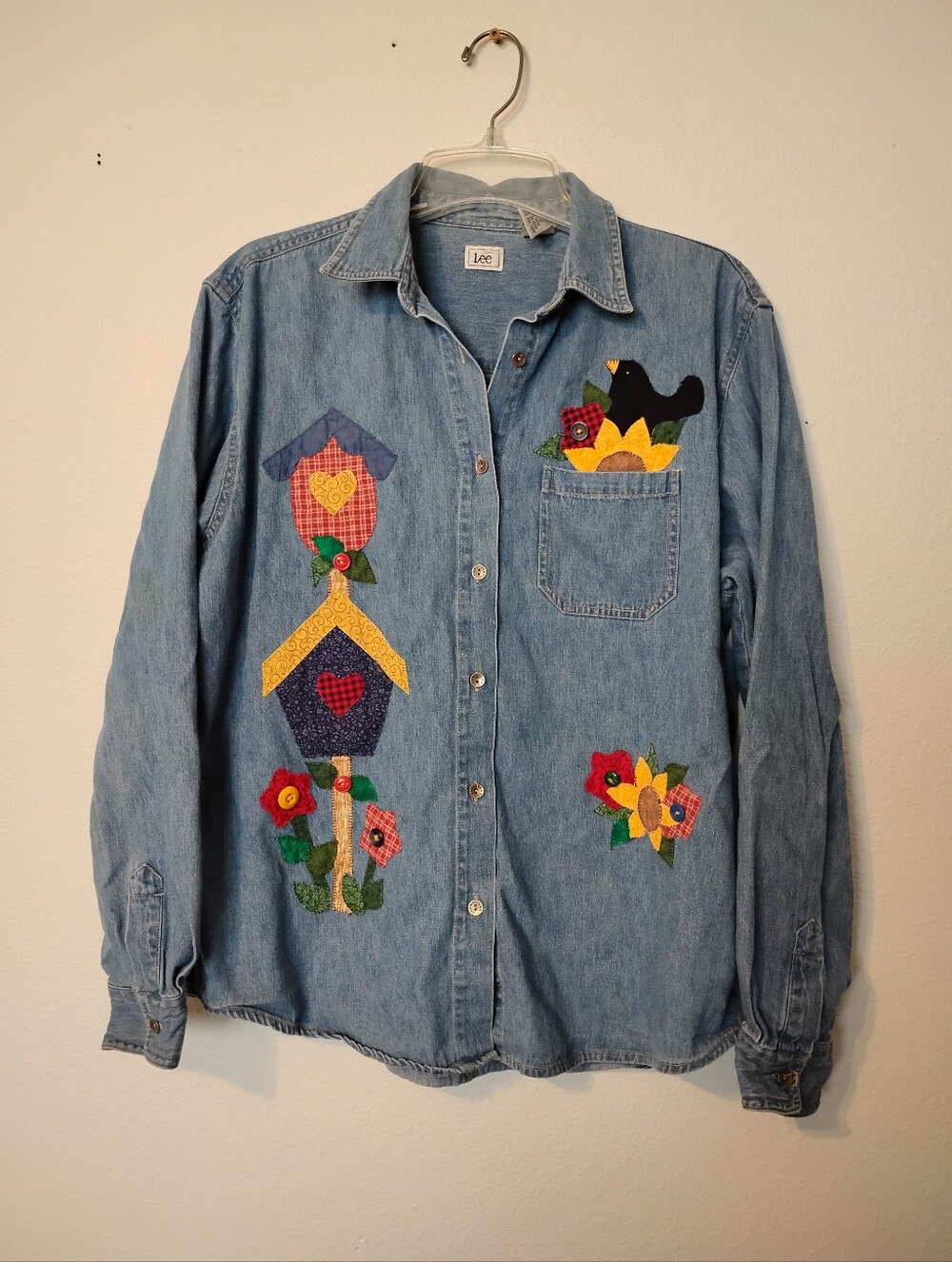 Vintage Lee Summer Fall Patchwork Bird BirdHouse Sunflower Hear Button Up Top